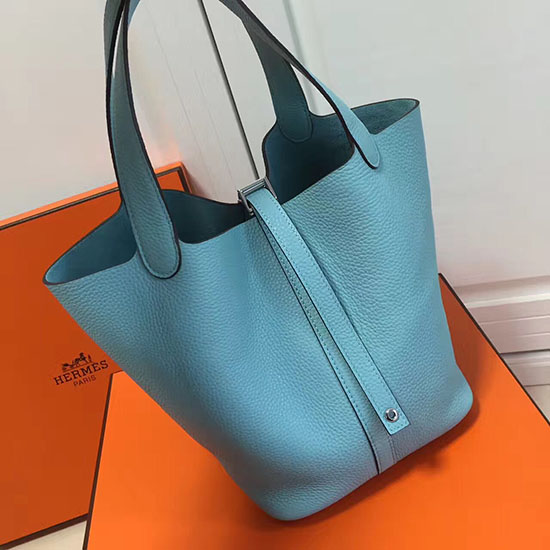 Borsa Tote Hermes Picotin Lock 22 Togo In Pelle Blu Cielo H210401