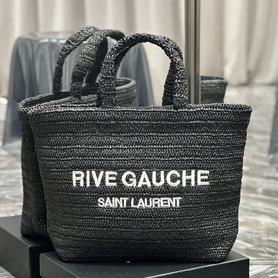 Borsa Tote Saint Laurent In Rafia Rive Gauche Nera Con Bianco 688864