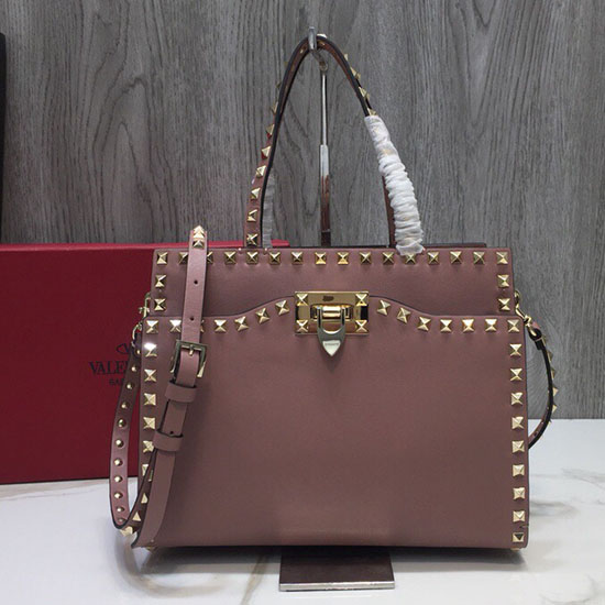 Borsa Valentino Piccola Con Manico Rockstud In Pelle Di Vitello Liscia Color Nudo V6500