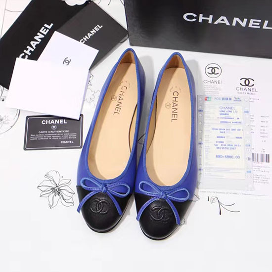 Chanel Ballerine Blu In Pelle Di Agnello Punta Nera Ch1610