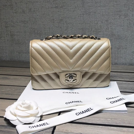 Classica Borsa A Tracolla Piccola Chanel Chevron Oro Con Hardware Argento Cf1116