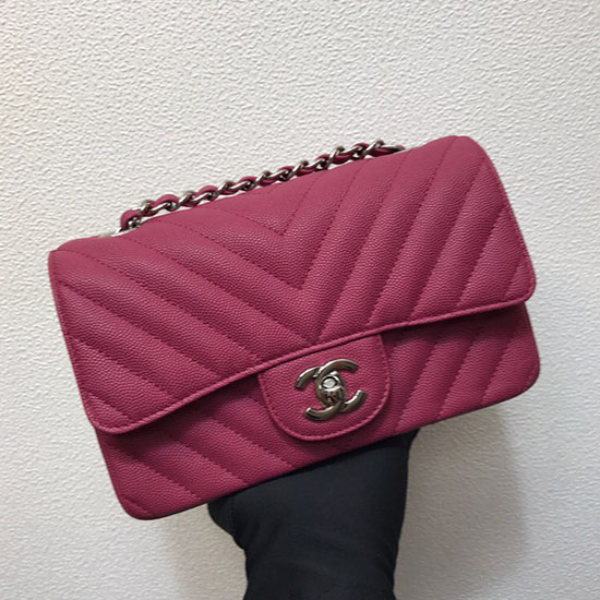 Classica Borsa A Tracolla Piccola Chanel Chevron Rosa Con Hardware Argento Cf1116