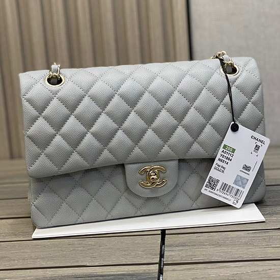 Classica Borsa Chanel Con Patta Media In Pelle Di Vitello Granulata Grigia Cf1112