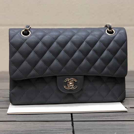 Classica Borsa Chanel Con Patta Media In Pelle Di Vitello Granulata Grigia Cf1112