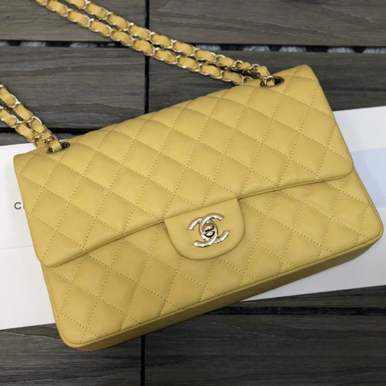 Classica Borsa Chanel Con Patta Media In Pelle Di Vitello Martellata Gialla Cf1112