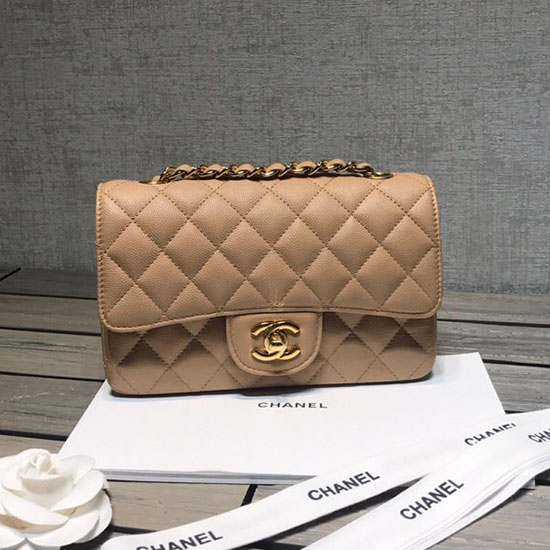 Classica Borsa Chanel Con Patta Piccola In Pelle Di Vitello Granulata Beige Con Hardware Dorato Cf1116