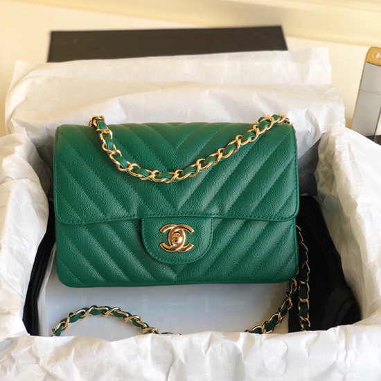 Classica Borsa Chanel Con Patta Piccola In Pelle Di Vitello Granulata Verde Cf1116