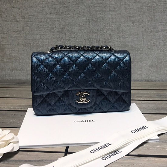 Classica Borsa Chanel Piccola Con Patta In Pelle Di Caviale Blu Con Hardware Argento Cf1116