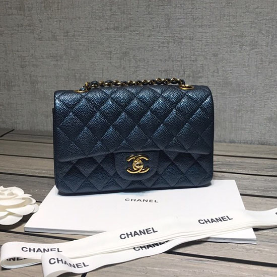 Classica Borsa Chanel Piccola Con Patta In Pelle Di Caviale Blu Con Hardware Dorato Cf1116