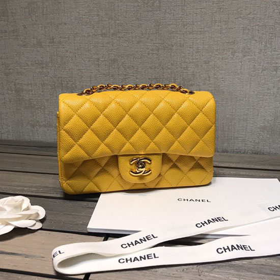 Classica Borsa Chanel Piccola Con Patta In Pelle Di Caviale Gialla Con Hardware Dorato Cf1116