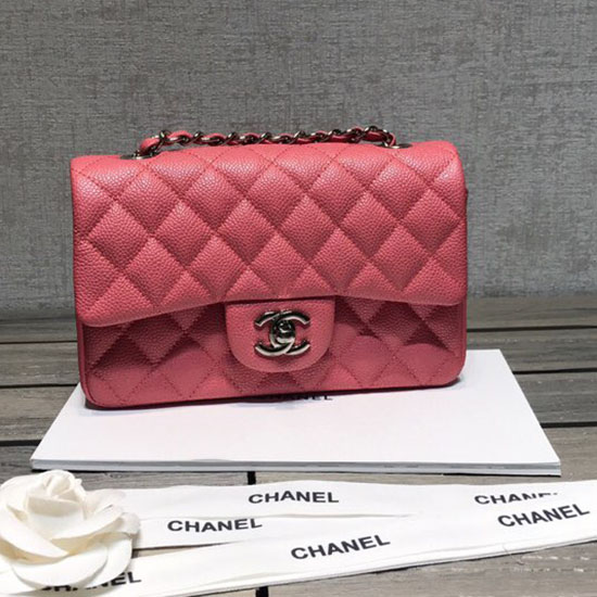 Classica Borsa Chanel Piccola Con Patta In Pelle Di Caviale Rosa Con Hardware Argento Cf1116