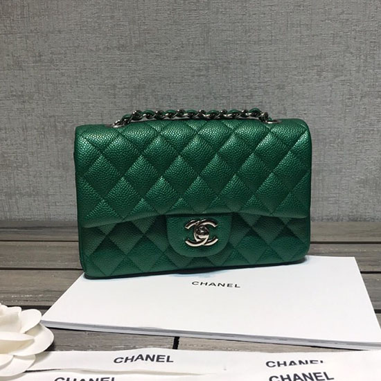 Classica Borsa Chanel Piccola Con Patta In Pelle Di Caviale Verde Con Hardware Argento Cf1116