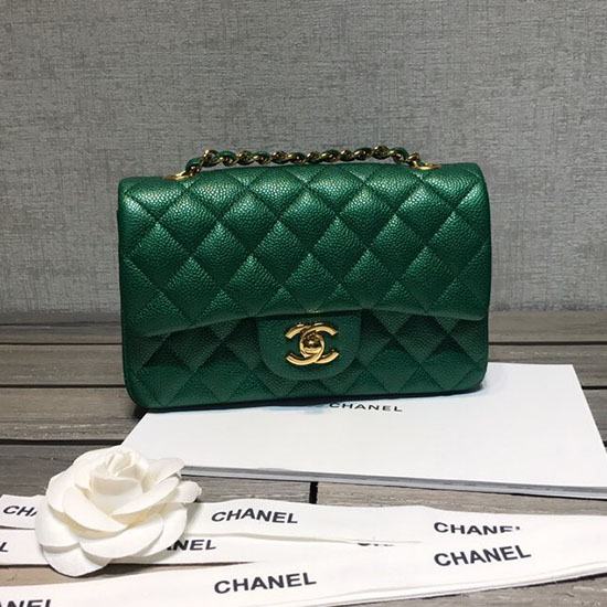 Classica Borsa Chanel Piccola Con Patta In Pelle Di Caviale Verde Con Hardware Dorato Cf1116