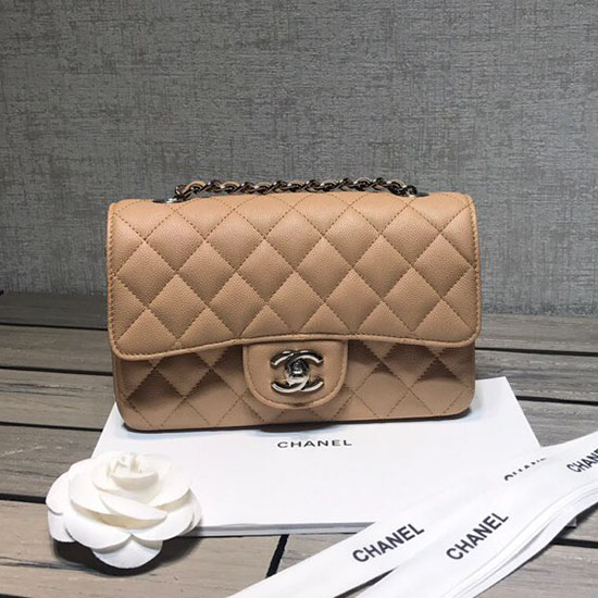 Classica Borsa Chanel Piccola Con Patta In Pelle Di Vitello Granulata Beige Con Hardware Argento Cf1116