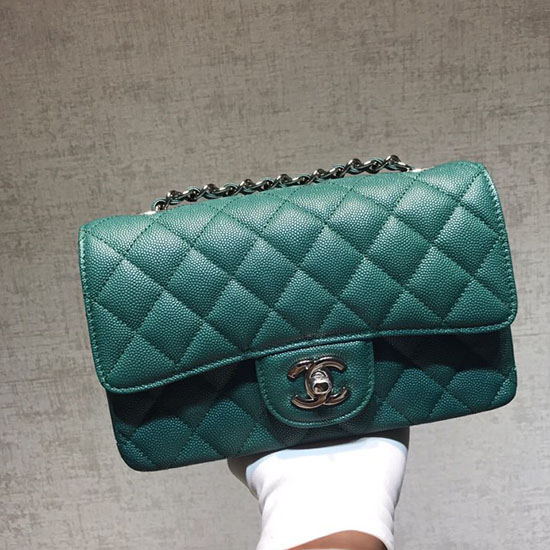 Classica Borsa Chanel Piccola Con Patta In Pelle Di Vitello Granulata Verde Con Hardware Argento Cf1116