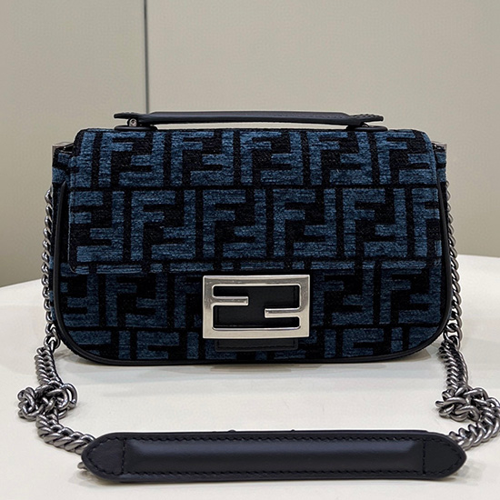 Fendi Borsa Baguette Con Catena Midi In Tessuto Arazzo Blu F8533