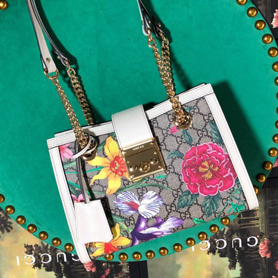 Gucci Borsa A Tracolla Piccola Con Lucchetto Gg Flora Bianca 498156