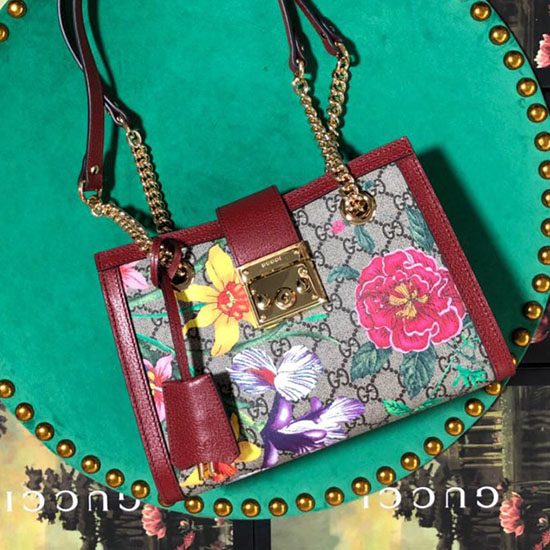 Gucci Borsa A Tracolla Piccola Con Lucchetto Gg Flora Bordeaux 498156