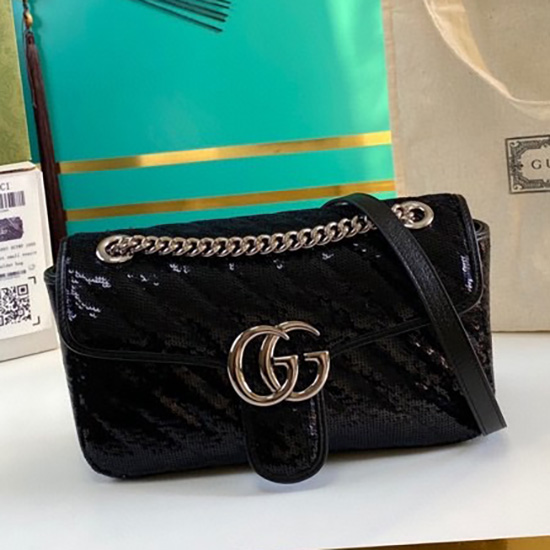 Gucci Borsa A Tracolla Piccola Con Paillettes GG Marmont Nera 443497