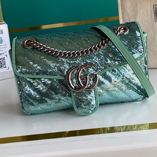 Gucci Borsa A Tracolla Piccola Con Paillettes GG Marmont Verde 443497