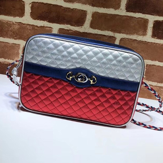 Gucci Borsa A Tracolla Piccola In Pelle Laminata Argento E Rossa 541061