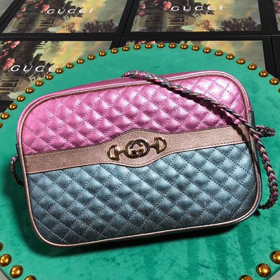 Gucci Borsa A Tracolla Piccola In Pelle Laminata Rosa E Verde 541061