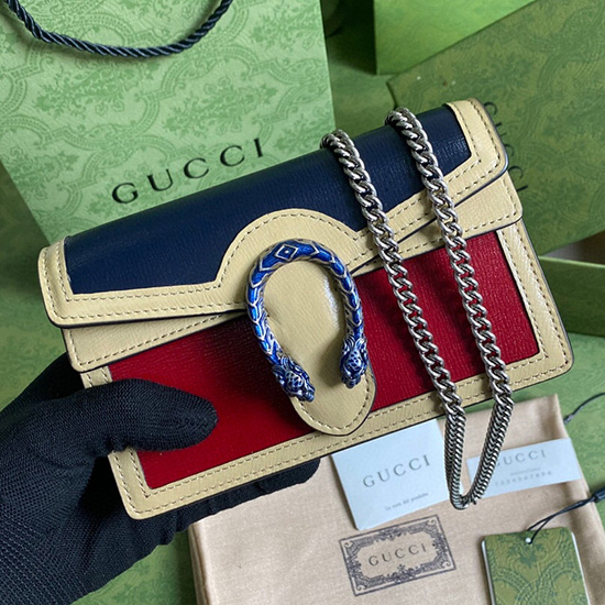 Gucci Borsa Dionysus In Pelle Mini Con Catena Blu E Rossa 476432