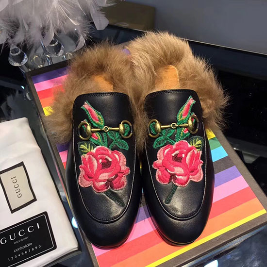 Gucci Pantofola In Pelle Princetown Flower Nera 462723