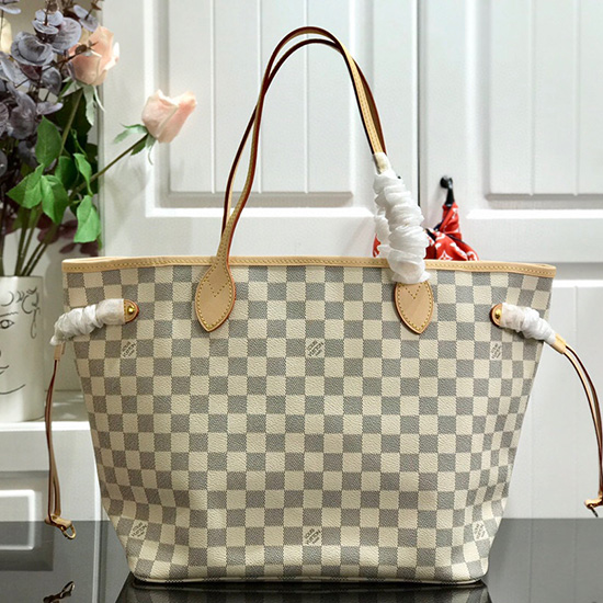 Louis Vuitton Damier Azur Tela Neverfull Mm Rosa N41605