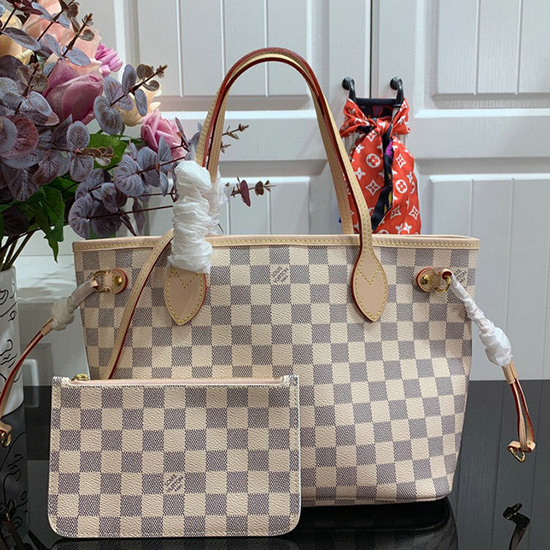 Louis Vuitton Damier Azur Tela Neverfull Pm Rosa N41362