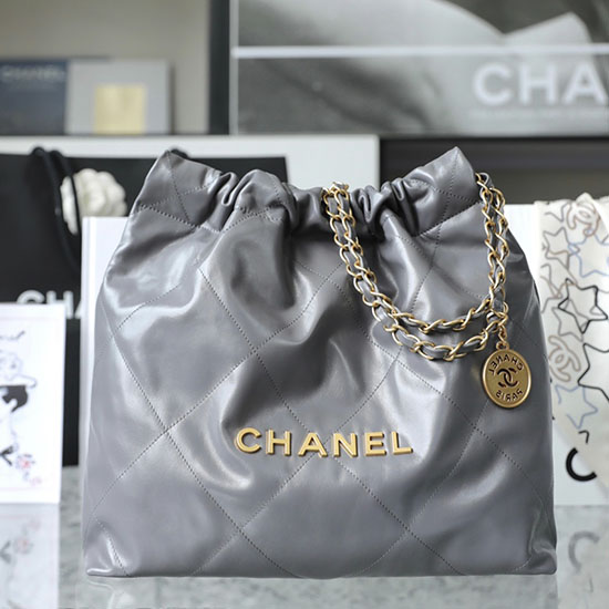 Piccola Borsa Chanel 22 In Pelle Di Vitello Lucida Grigia As3260