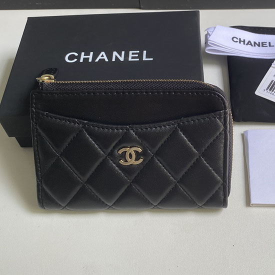 Porta Carte Chanel Con Zip In Pelle Di Agnello Nero Con Oro Ap3179