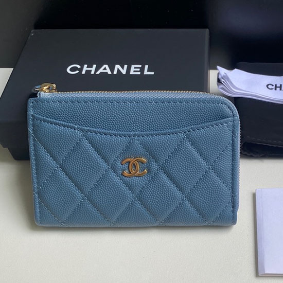 Porta Carte Chanel Con Zip In Pelle Di Vitello Martellata Ap3179 Blu