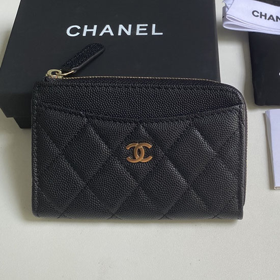 Porta Carte Chanel Con Zip In Pelle Di Vitello Martellata Ap3179 Nero Con Oro