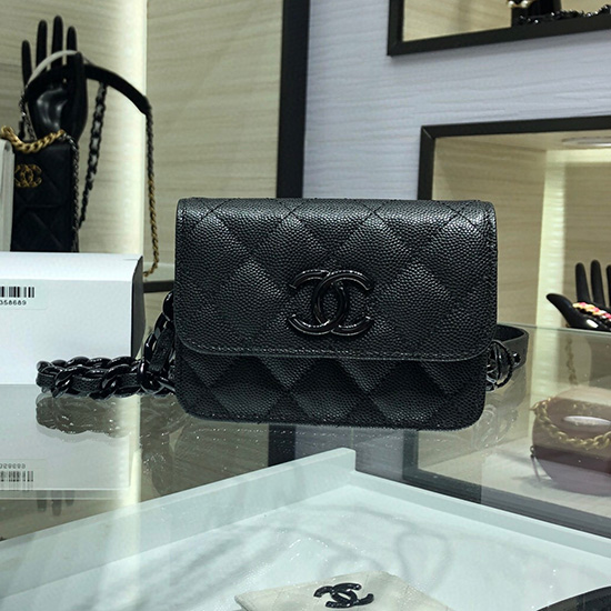 Portacarte Chanel Con Patta Per Cintura In Pelle Di Vitello Granulata Nero Ap1955