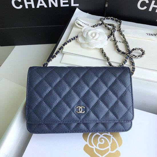 Portafoglio Chanel Caviar WOC Con Catena Blu A33814