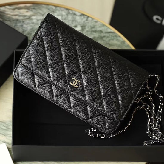 Portafoglio Chanel Caviar Woc Con Catena Nero Con Hardware Argento A33814