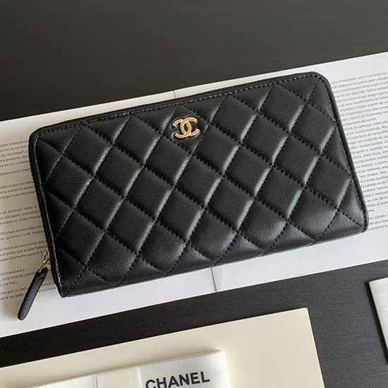 Portafoglio Chanel Classico Lungo Con Cerniera In Pelle Di Agnello Nero Con Oro Ap0242