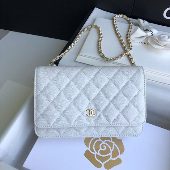 Portafoglio Chanel Con Catena Woc In Pelle Di Vitello Granulata Bianco A33814