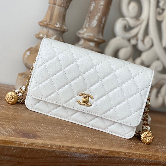 Portafoglio Chanel Con Catena Woc In Pelle Di Vitello Granulata Bianco Ap81204