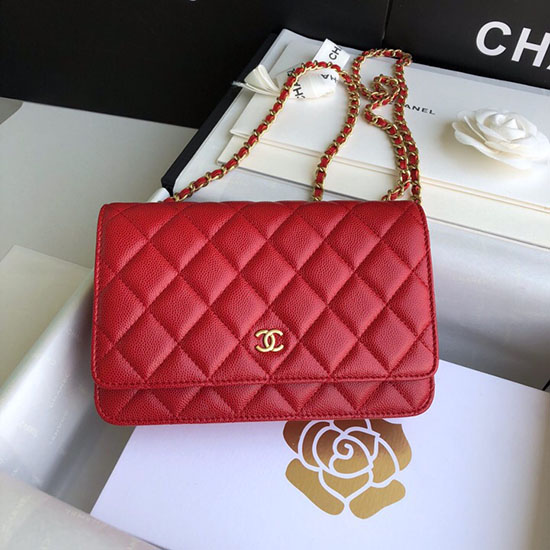 Portafoglio Chanel Con Catena Woc In Pelle Di Vitello Granulata Rosso A33814