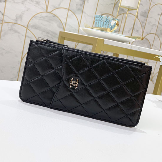 Portafoglio Chanel Porta Cellulare In Pelle Di Agnello Con Zip Lunga Nero Con Argento A84402