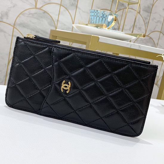 Portafoglio Chanel Porta Cellulare In Pelle Di Agnello Con Zip Lunga Nero Con Oro A84402