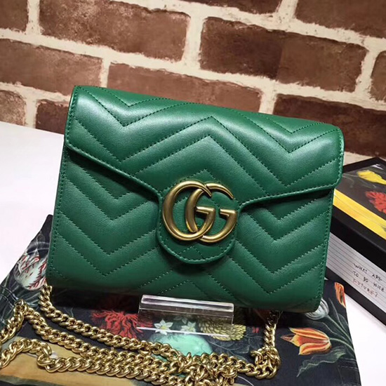 Portafoglio Con Catena In Pelle Gucci GG Marmont Verde 474575