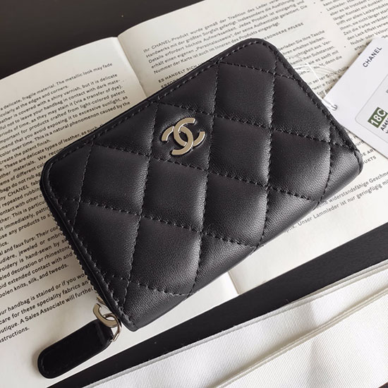 Portamonete Chanel Con Cerniera In Pelle Di Agnello Nero Con Argento A84511