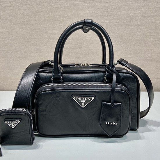 Prada Borsa Con Manico Multitasche In Pelle Nappa Anticata Nera 1bb099