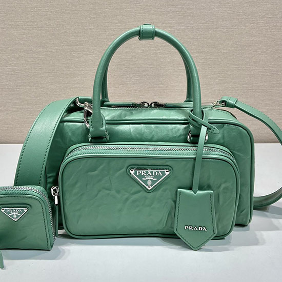 Prada Borsa Con Manico Multitasche In Pelle Nappa Anticata Verde 1bb099