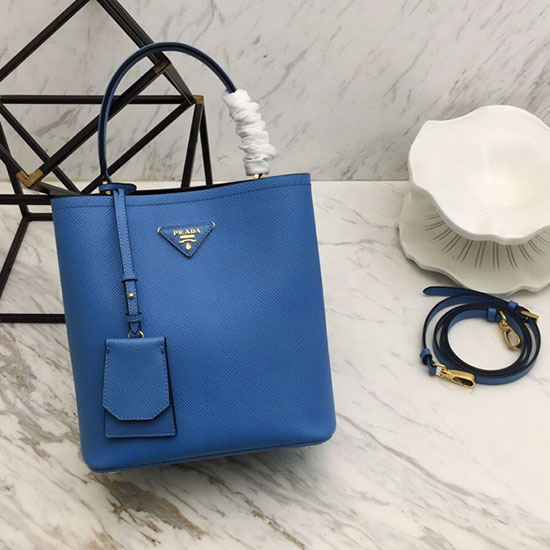 Prada Borsa Doppia Media In Pelle Saffiano Azzurro 1ba212