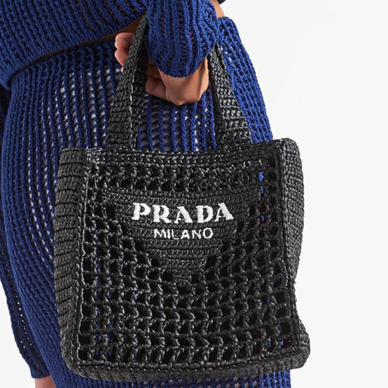 Prada Borsa Tote Piccola In Rafia Alluncinetto Nera 1bg444