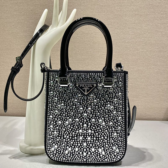 Prada Borsa Tote Piccola In Raso Con Cristalli Neri 1ba331